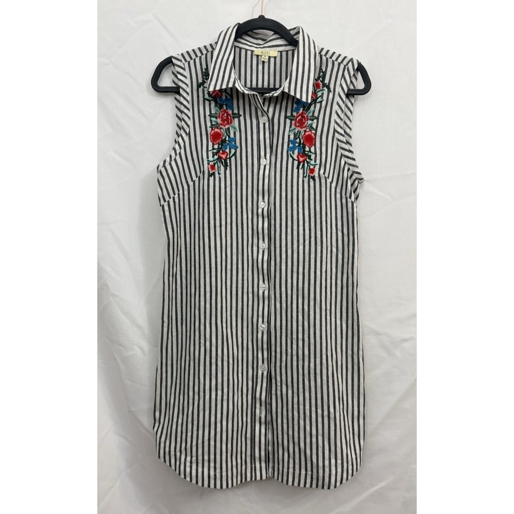 Kori America Womens S Black Stripe Button-Up Tunic Dress Floral Embroidered‎ - Picture 1 of 6